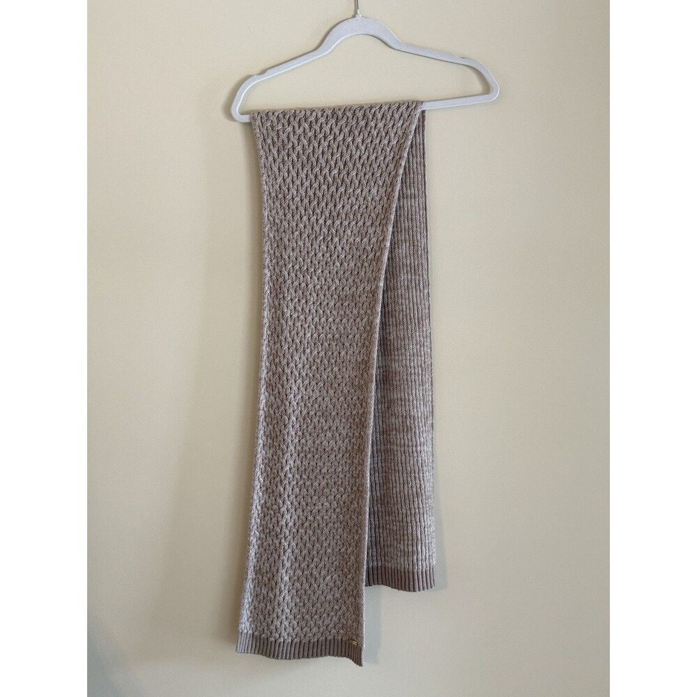 Calvin Klein Scarf Womens Taupe Beige Cable Knit Long Winter Gold Logo